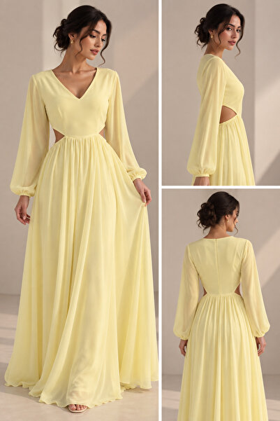 AREEJ FASHION Lemon Chiffon Dress with Side Slits