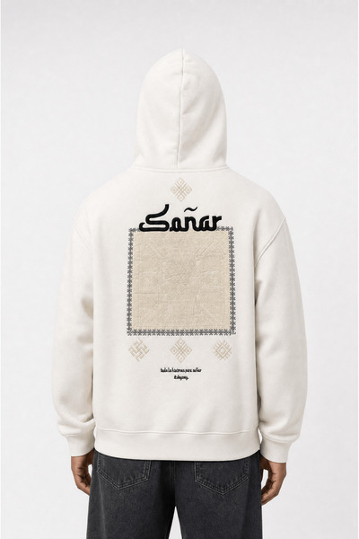 Respire Erkek Sonar Nakışlı Oversize Hoodie Ekru