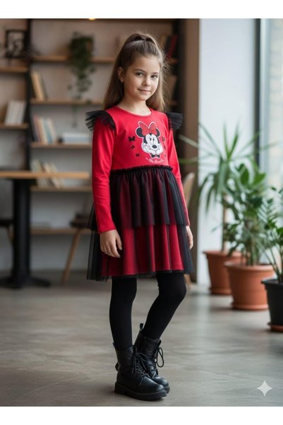 Buse&Eylül Bebe Red Tulle Long Sleeve Combed Cotton Girls' Dress