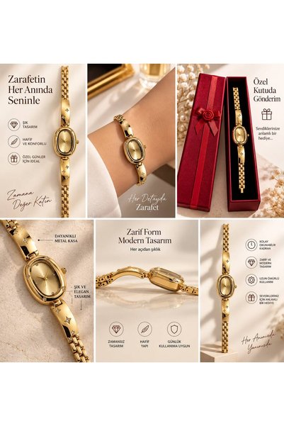 Eylemboutique Women's Oval Dial Stone Detailed Elegant Wristwatch – Gold Dial Stylish Design