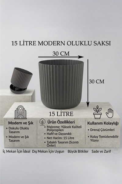 TEMMUZ HOME 15.5 Lt. 1 Adet Tabaklı Büyük Boy Plastik Çiçeklik - Salon & Ofis Dekoratif Saksı