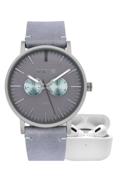 Watx & CO Ανδρικό Ρολόι 44mm Χρονογράφος με Μπαταρία και Γκρι Δερμάτινο Λουράκι