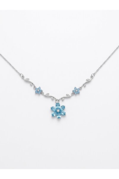 lotusbybuket Mavi zirkon taşlı çiçek figürlü Çelik silver kolye