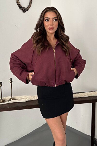 Caddebostan Moda Kadın Fermuarlı Kapüşonlu Sweatshirt Kısa Oversize Ceket