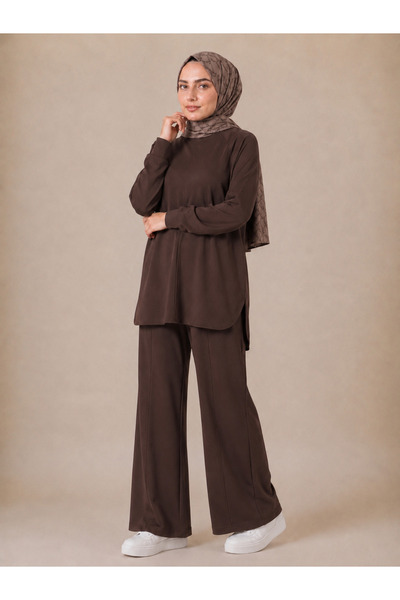 MEYASU Women's Modal Fabric Ribbed Stitching and Slit Detailed Top and Bottom...