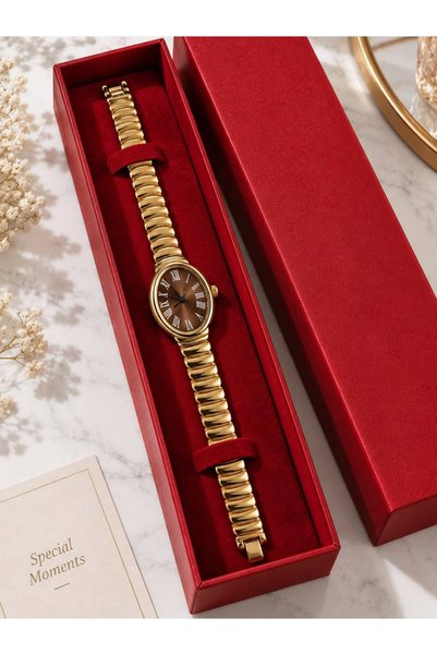 Eylemboutique Women's Oval Dial Roman Numeral Elegant Wristwatch – Gold & Bitter Coffee Color Matching - Stylish Design