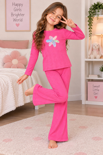 SERPİL Girl's Floral Printed Ribbed Double Set - Long Sleeve Spanish Flare Pants