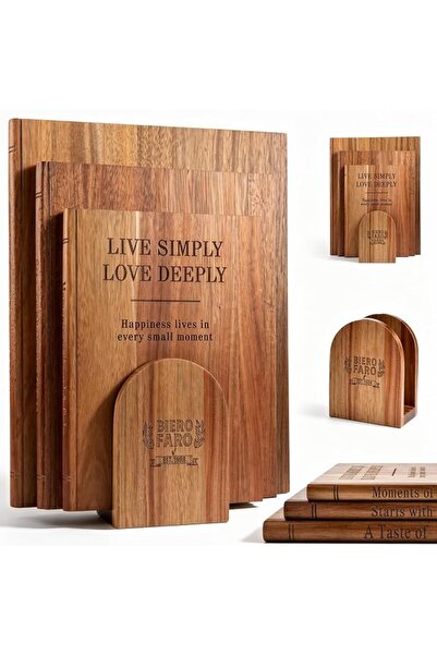 GENERAL Book Cutting Board Set of 3 with Stand - Bierofaro Acacia Wood Choppi...