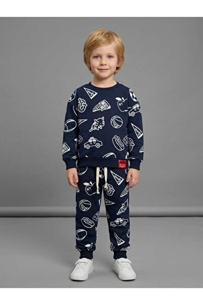ues Printed Navy Blue Children's Cotton Combed Cotton Tracksuit Set