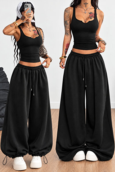 İlayda Toprak Draw Black Extra Loose Wide Leg Adjustable Elastic Lace-Up 2 Th...