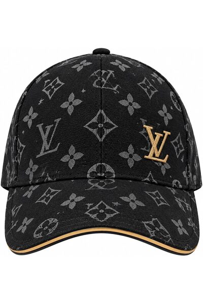 GENERAL Black Baseball Cap with Monogram Pattern and Gold Logo