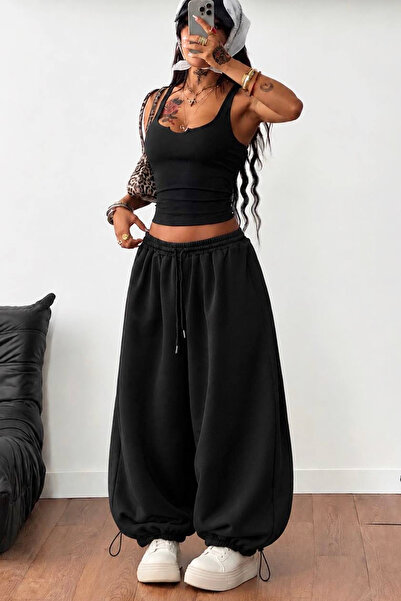 İlayda Toprak Draw Black Extra Loose Wide Leg Adjustable Elastic Lace-Up 2 Thread Oversize Sweatpants