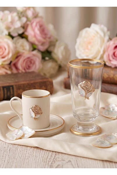 REGNA HOME Fine Living طقم فناجين قهوة روزز كريم 6 قطع مع أكواب مزخرفة لشخصين