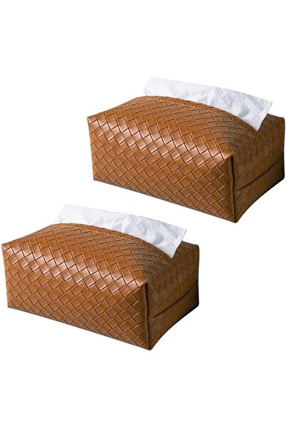 Generic غطاء صندوق مناديل من الجلد الصناعي بنمط منسوج، بني، مجموعة من قطعتين،...