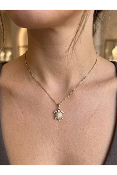MODA Women's Gold Stone Sea Turtle Figured Sparkling Chain Necklace