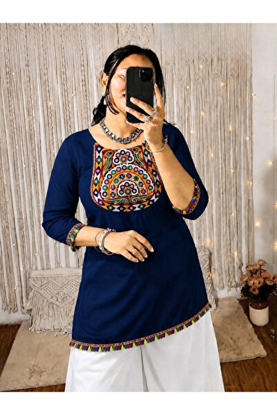 MYSMAR Navy Blue Gamthi Embroidered Rayon Short Kurti Palazzo Set - LRN9372 |...