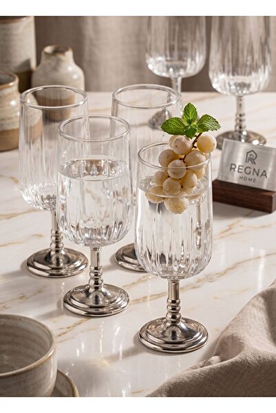REGNA HOME Fine Living Beril Silver Metal Footed 6 Piece Coffee Side Glass Wa...