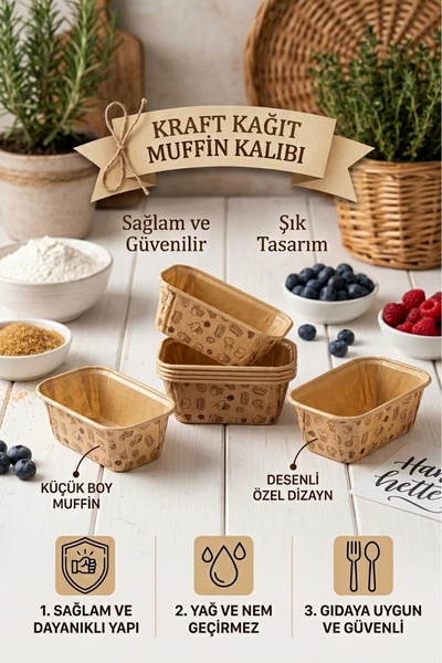 ugravo 12'li Dikdörtgen Kek ve Muffin Kalıbı, Desenli Kraft Kağıt- Yağ Geçirm...