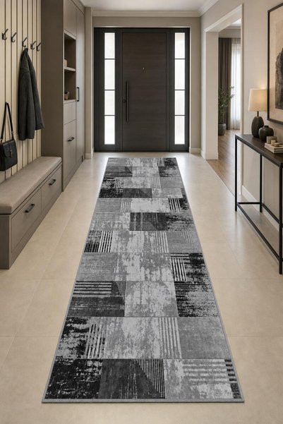 Viva Home Gri Soyut Geometrik Desenli Kesme Rulo Yolluk Halı VH393