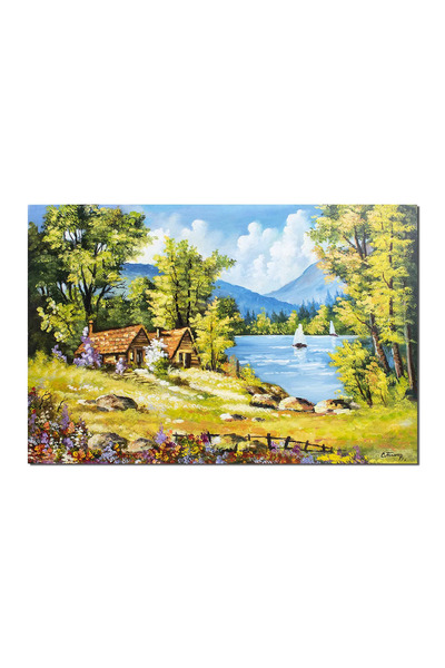 artnova Tablou gigant peisaj de la munte cu cabane si flori multicolore picta...