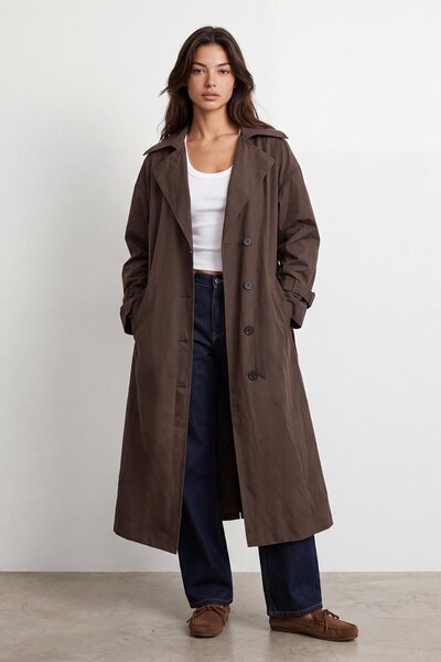 VAGGON Long trench coat with open collar and belt