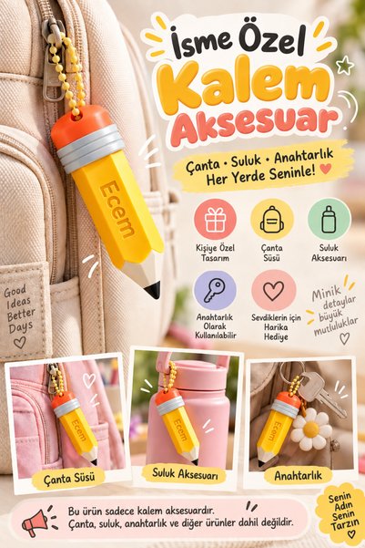 Nametag - İsme Özel Aksesuar - Anahtarlık Çanta Suluk Süsü, Kalem Clicker Charm