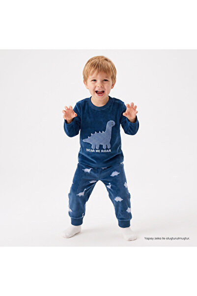 ebebek Hello Baby HelloBaby Erkek Bebek Kadife Pijama Takımı Hayvan Baskılı Ç...