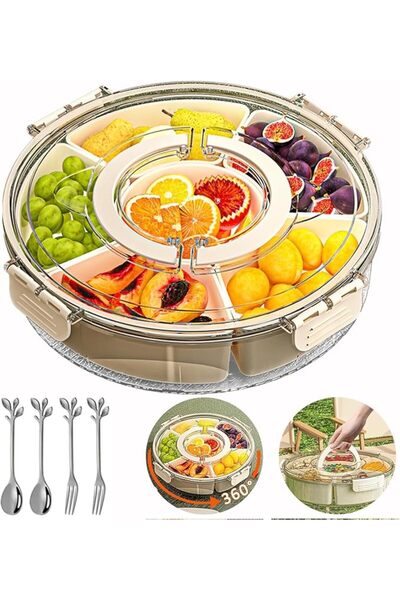 Tazweeq Rotable Separate Fruit Plate, with cover and handle and 2 stainless s...