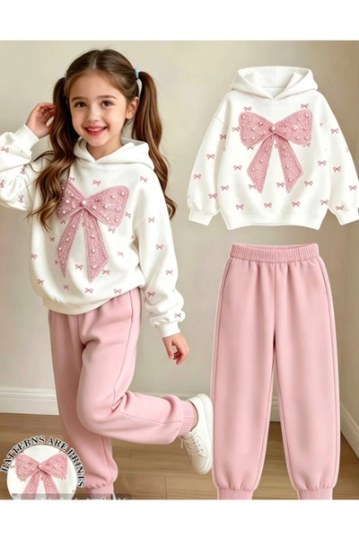 İBRE PEK -ŞIK MODA KURDELE NAKIŞLI İNCİLİ DESENLİ TARZ KIZ ÇOCUK KAPŞONLU TAKIM