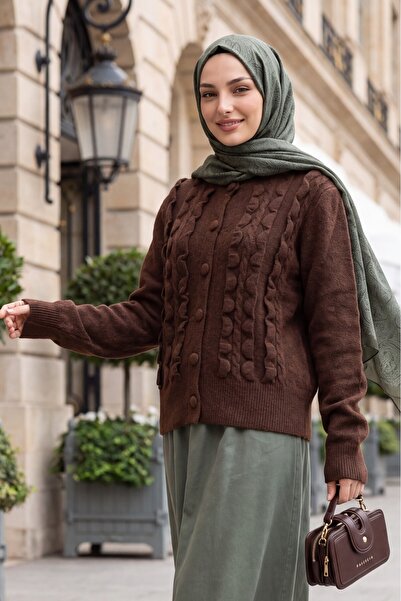 HİJABAYA Hair Braided Ruffled Buttoned Round Neck Long Sleeve Hijab Knitwear ...