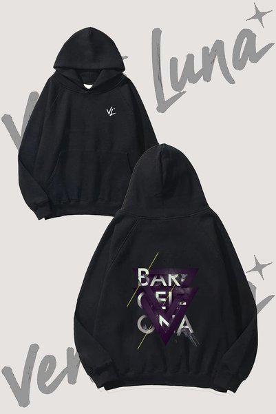 Vento Luna Barcelona Tipografi Tasarım Sırt Baskılı Siyah Kapüşonlu Sweatshirt