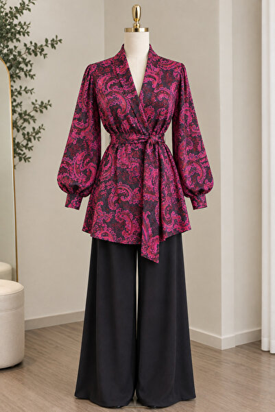 DİLEKBUTİK Şal desen buzi esnek dökümlü kemerli kimono
