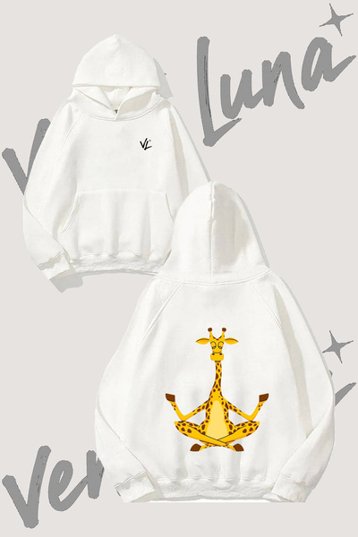 Vento Luna Giraffe Meditation Design Back Printed White Hooded Sweatshirt