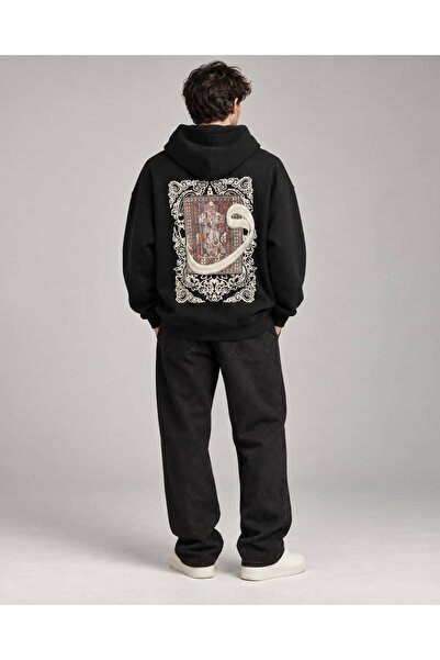 CANMODA Vav and Semazen Embroidered Kilim Appliqué Black Super Oversize Hoode...