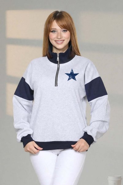 ESADE Women's Gray Navy Blue Front and Back Star Printed Stand Collar Half Zipper Sports Model Daily Use Sweatshirt
