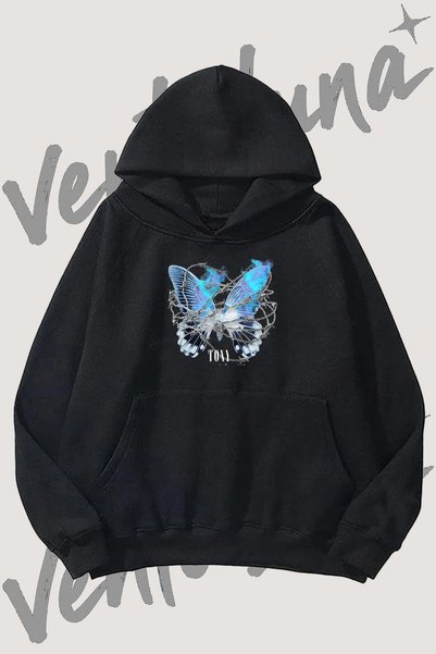 Vento Luna Barbed Wire Butterfly Design Pre-Printed Black Hooded Sweatshirt