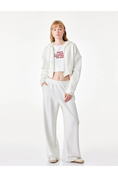 Koton Ruffled Long Sleeve Hooded Crop Sweatshirt with Corset Detail and Zipper