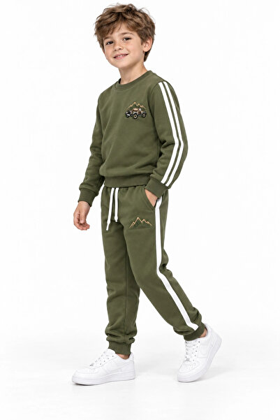 rony pony kids Boy's Khaki 2 Thread Tracksuit Set with Crew Neck, Stripe Detail and Embroidered Bottom and Top Set
