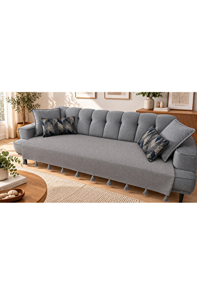 Doğa Püsküllü Şal Model Koltuk Örtüsü Füme 230x100 | %100 Pamuk Örme, Kaymaz,...