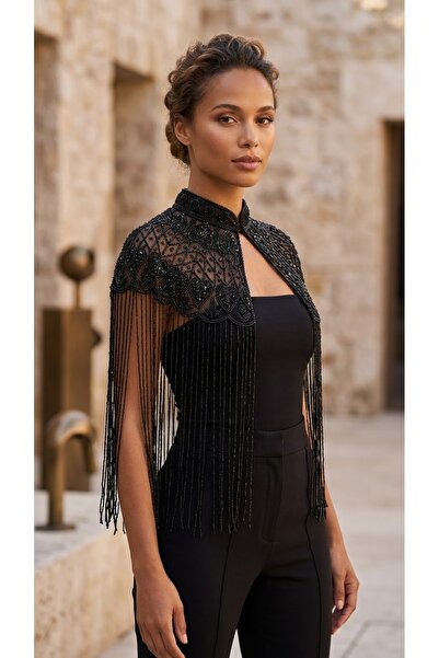 Rabiossa Women's Black Beaded Embroidered Evening Dress Cape