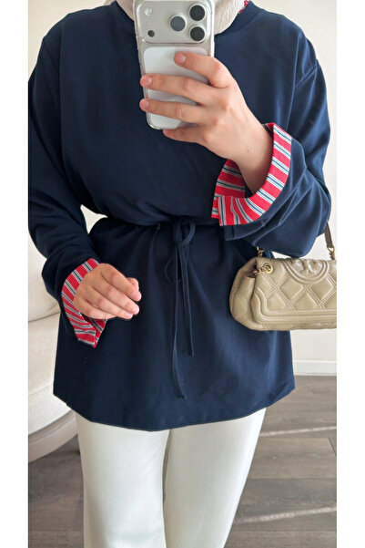 nizzell Yaka ve Kolları Çizgi Garnili Bağlamalı Sweatshirt