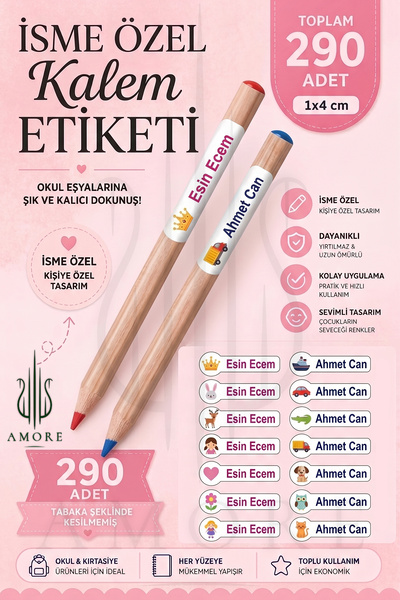 AMORE Öğrenci Etiketi isimli Okul Kalem Etiketi Kalem Etiket Seti 290 Adet