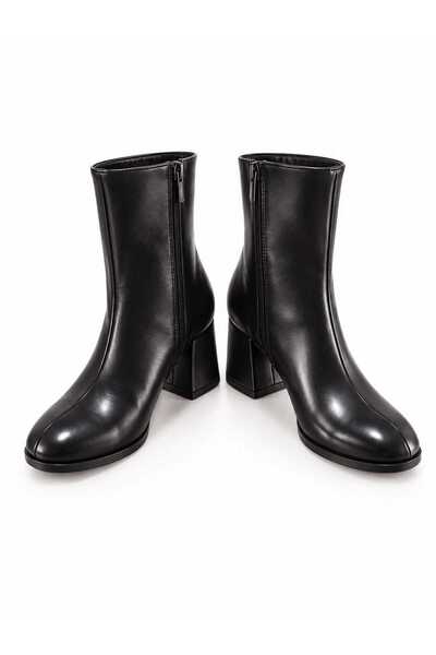 SOLEILIA Women's Zippered Heeled Ankle-Length Black Shiny Boots
