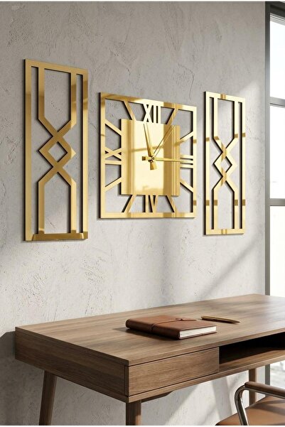 LAZORİAE 3 Parçalı Duvar Saati, Gold Detaylı Salon Süsü, Ev Dekorasyonu, Duva...