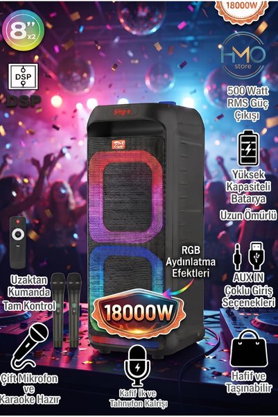 HMO Store 1800W Çift 8" Woofer Bluetooth Party Hoparlör, RGB Işık Efektli, Çift Kablosuz Mikrofonlu & Uzaktan Kumandalı Taşınabilir Karaoke Ses Sistemi