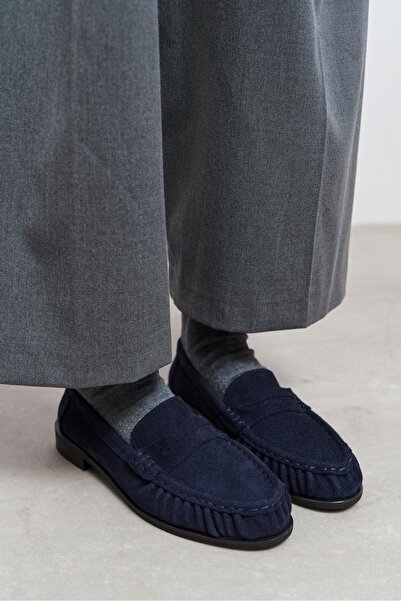 NİŞANTAŞI SHOES Naty Lacivert Süet Hakiki Deri Kadın Loafer Ayakkabı