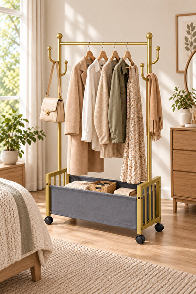 mastergold Freestanding Garment Rack with Grey Fabric Storage Basket, Side Ho...