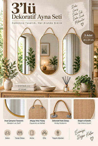 MAKRİ HOME 3’lü Dekoratif Tüm Oval Duvar Aynası Seti Ahşap Arkalı Askılı 40x2...