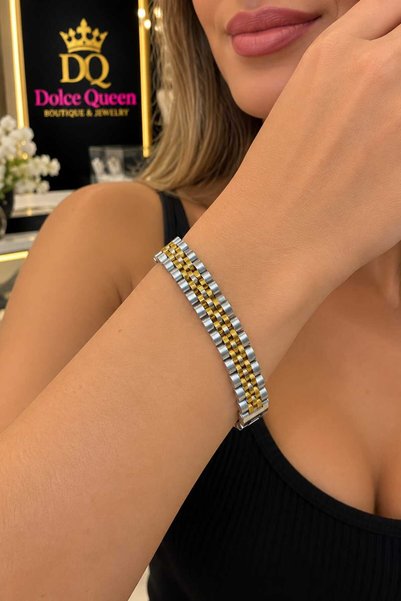 DOLCE QUEEN سوار نسائي من Xuping موديل سلك فولاذي مزدوج اللون