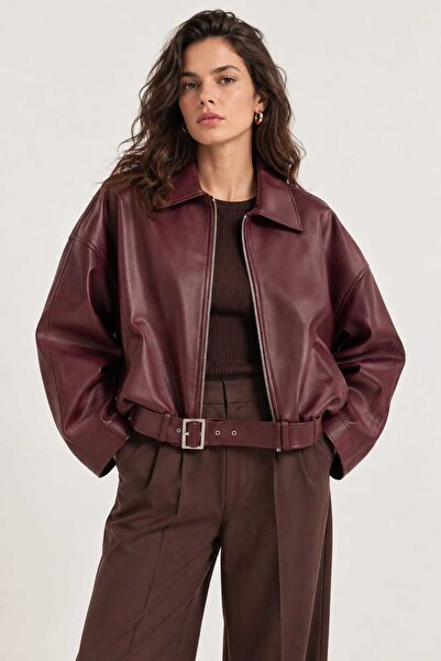 kikiriktekstil 11004 Kadın Oversize Kalıp Bel Kemer Detaylı Suni Deri Ceket